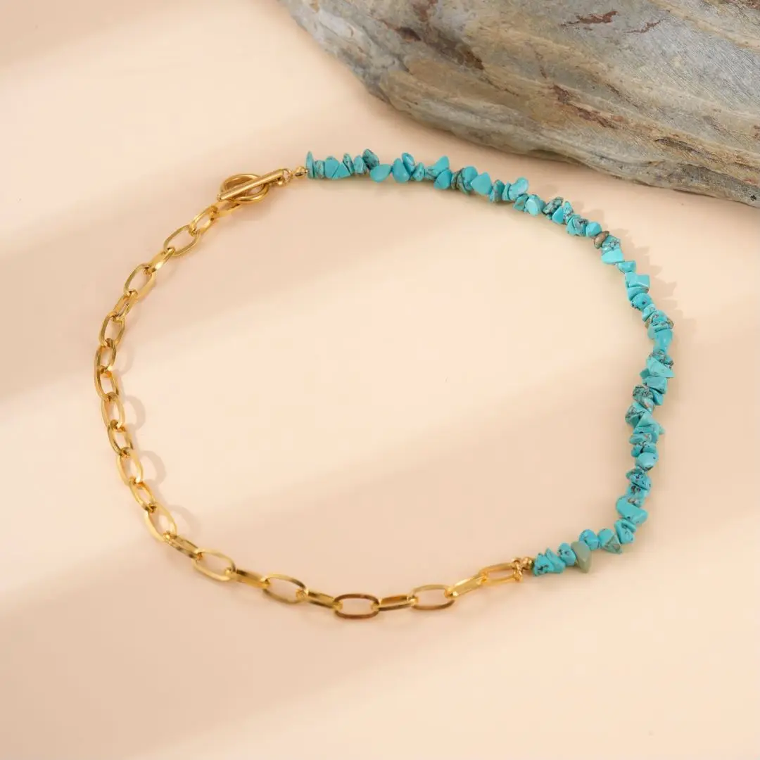 

Turquoise Natural Asymmetric Clavicle Chain Necklace Gold Plated Stainless Steel Handmade OT Buckle Collar Jewelry for Women Men