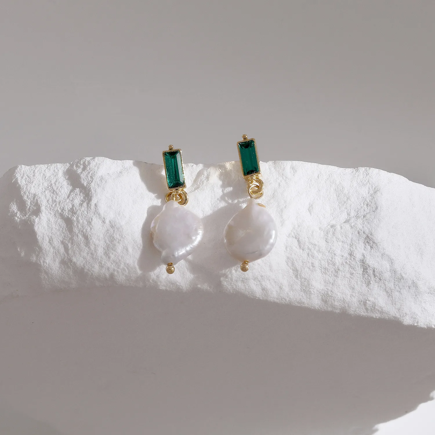 

Natural Large Baroque Pearl Earrings for WomenW/S925 Silver Needle Stud W/Brass Green Crystal Dror Earrin14kGold Filled HYACINTH