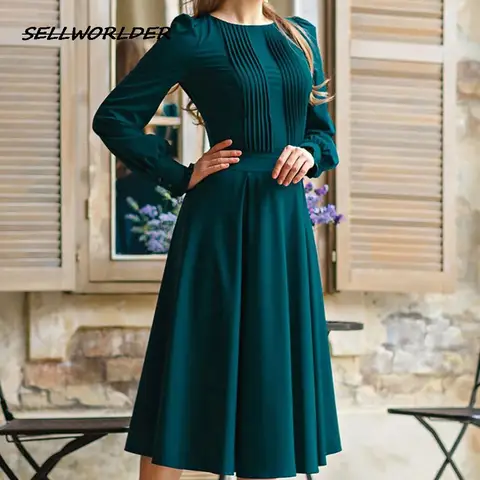 Women Elegant Long Sleeve Pleated Midi Vestidos  Winter Women Casual Dresses Vintage Solid Color Autumn Dress