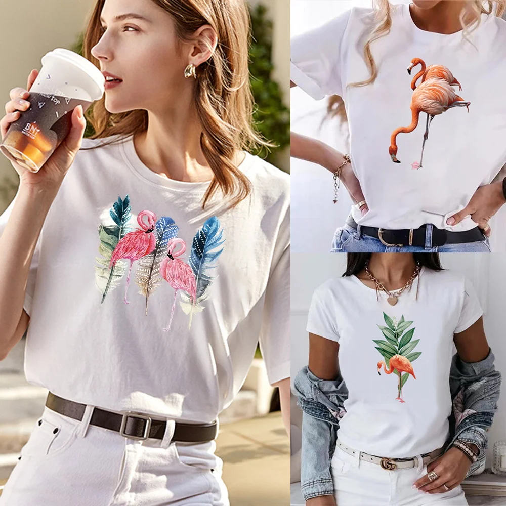 

T Shirt Beautiful Women Harajuku Style Top O-neck Tshirt Streetwear Classic All-match Short Sleeve T-shirt 2023 Flamingo Printed
