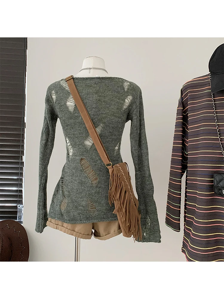 Женский серый пуловер с длинным рукавом вязаный свитер в стиле Харадзюку