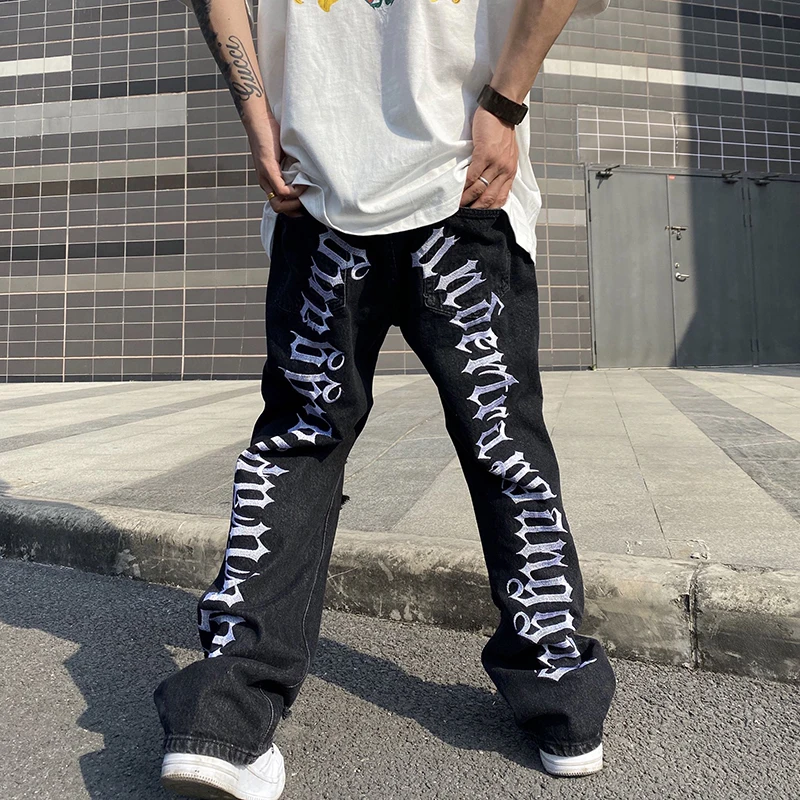 Ripped Hip Hop Hole Embroidery Jeans Men's Korean Oversize Straight Black Vibe Denim Trousers Loose Harajuku Retro Jean Pants