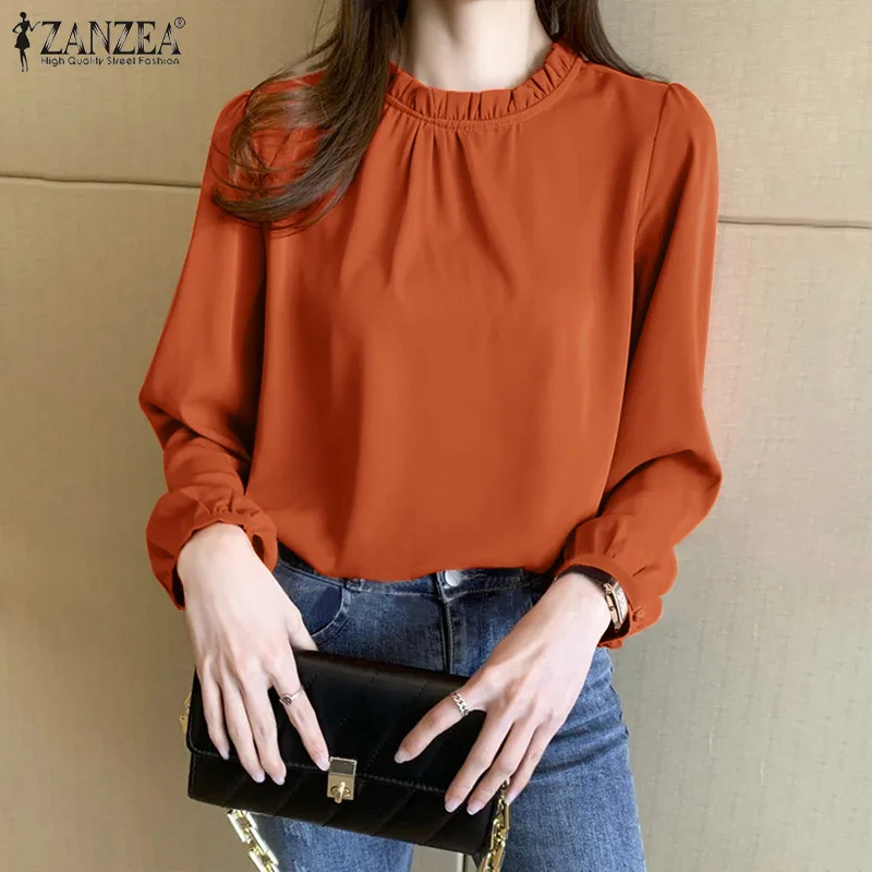 

Puff Sleeve Blouse O-Neck Solid Color Holiday Femininas ZANZEA Spring Women Loose Casual Elegant Buttons Blusas Fashion Chemise