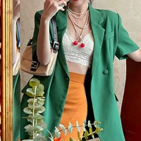 retro spring and summer 2021 new short sleeved green suit jacket womens thin temperament fashion casual small suit jacket