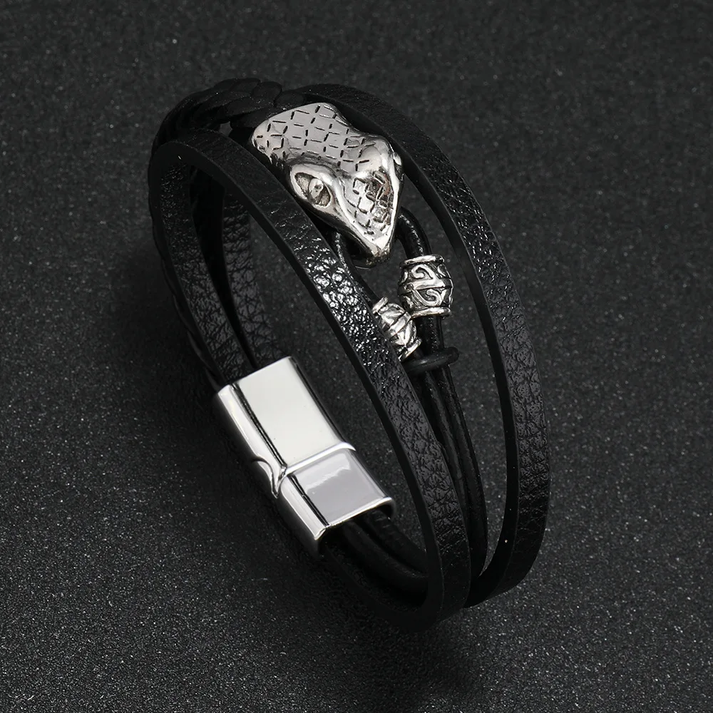 

New Alloy Black Men's Bracelet Woven Leather Snake Head Personalized Men's Accessories Leather Bracelet Creative Decoration