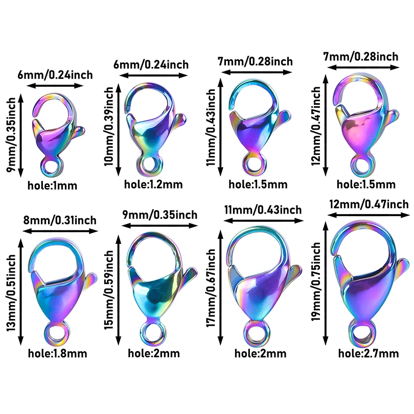 80pcs/Box 9/10/11/12/13/15/17/19mm Rainbow Color Stainless Steel Lobster Clasp For Jewelry Handmade Necklace Bracelet Findings