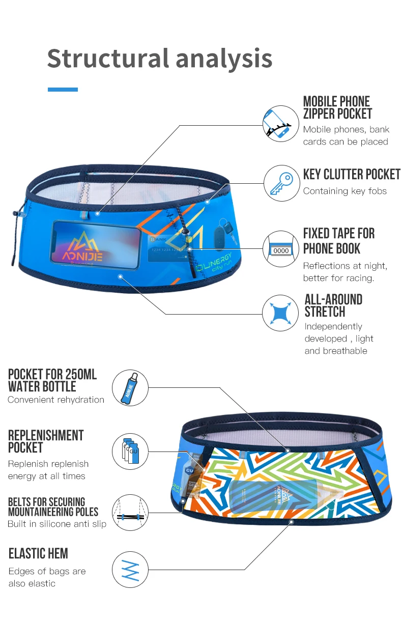 AONIJIE W8108 250ml Bottle Unisex Lightweight Sports Pockets Breathable Waist Belt Bag Colorful Fanny Pack for Running Marathon