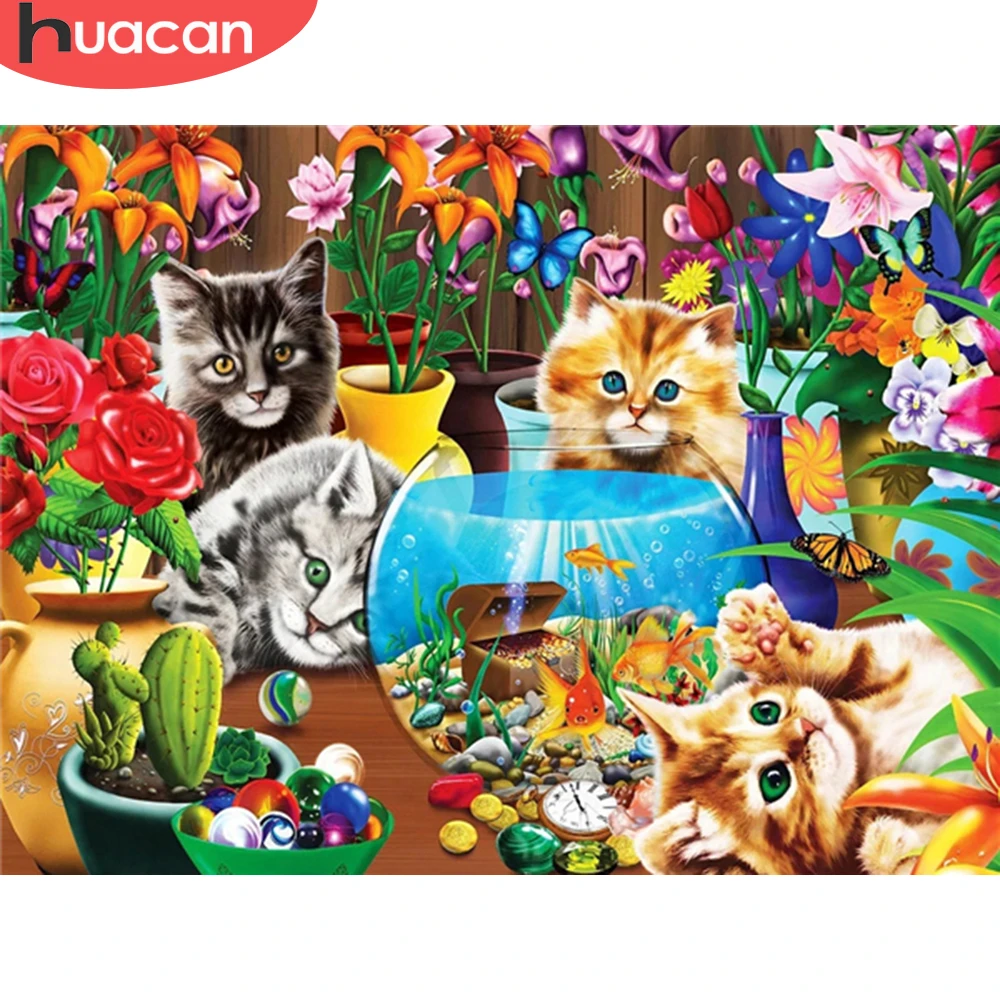HUACAN Раскраска по номерам кошка животное ручная роспись рамка сделай сам