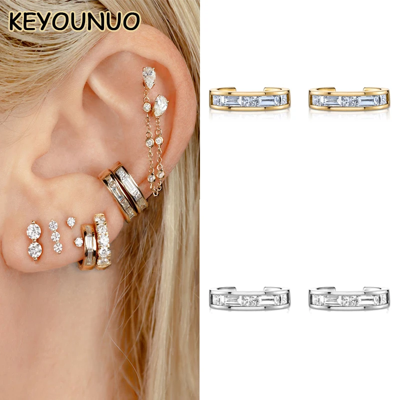 

KEYOUNUO 925 Sterling Silver Zircon Princess Baguette EarCuff Earrings For Women CZ Fake Piercing Clip Earring Jewelry Wholesale