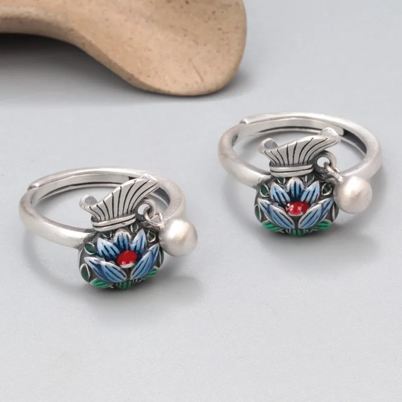 

Simple 925 Sterling Silver Lotus Money Bag Women's Ring Retro Ethnic Enamel Adjustable Finger Rings Jewelry Wholesale JZ100