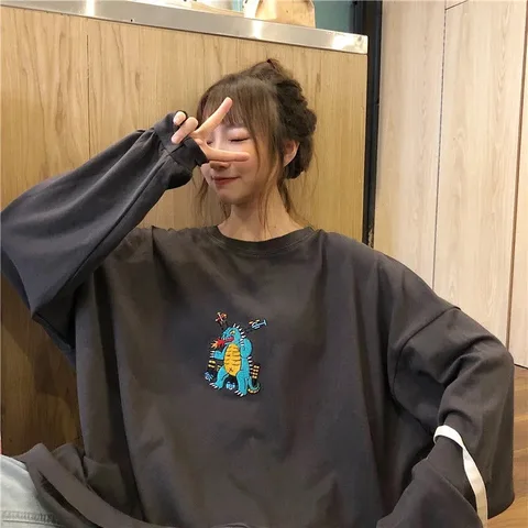 2021 Spring Dinosaur Embroidery Pullovers Sweatshirts women Colors O-Neck cute Hoodies Couples Fashion Korean Sweatshirt ins