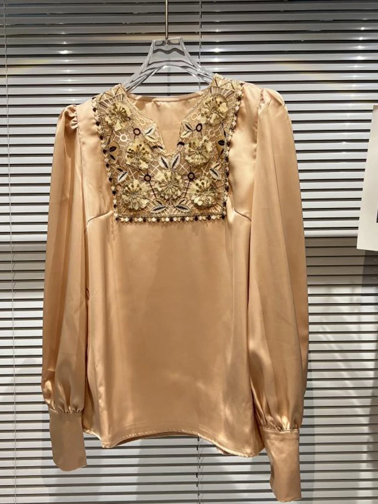 

Высококачественная Новая мода 2022 дизайнерская женская рубашка с вышивкой цветочный Шелковый пуловер рубашка Топ