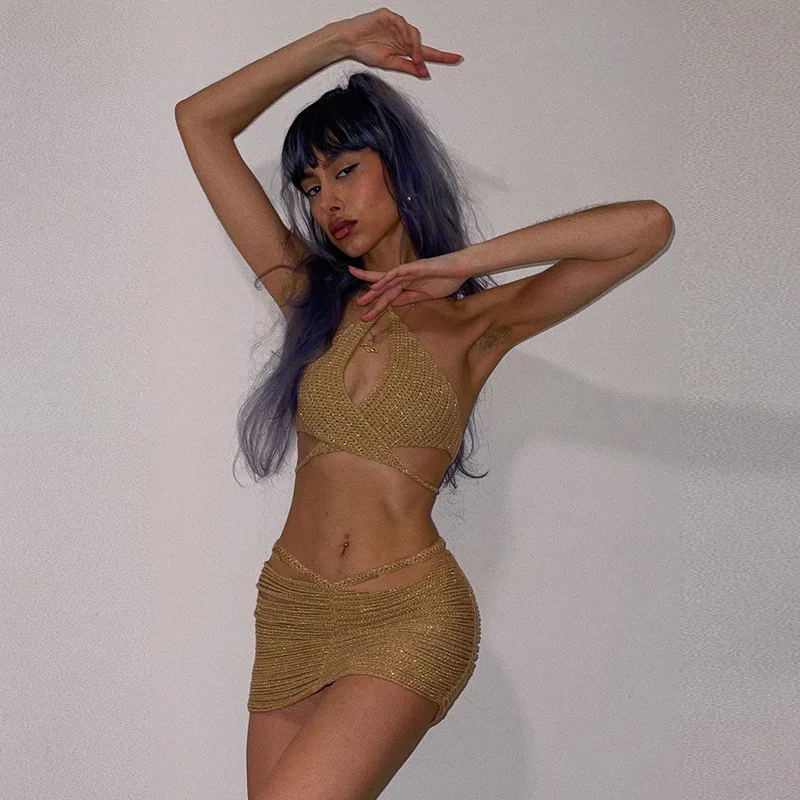 Женский облегающий костюм из двух предметов с блестками летние женские