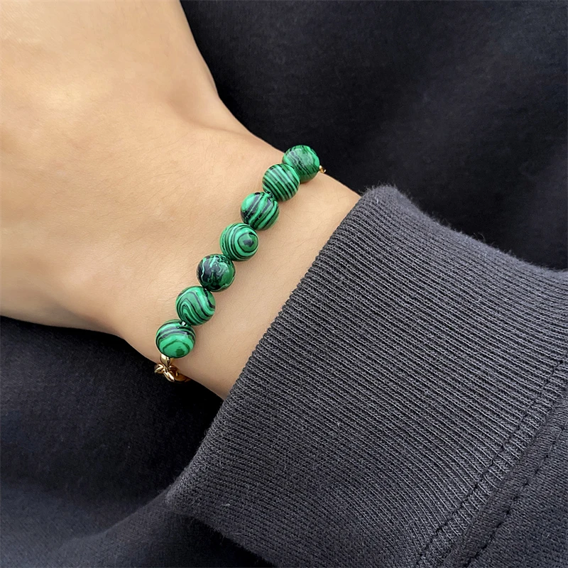 

Vintage Style Stitching Black Texture Green Stone Bead Chain Simple Personality Men's Cuban Chain Bracelet Party Gift Jewelry