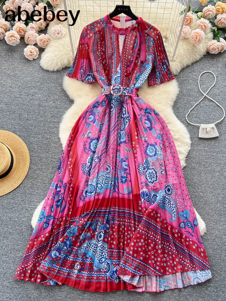 

Женское плиссированное платье миди, элегантное пляжное платье-трапеция в богемном стиле с круглым вырезом, пышными рукавами, высокой талией и драпировкой, лето