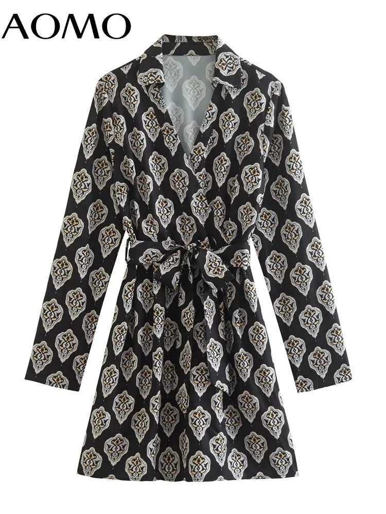 

AOMO 2022 New Women Flowers Print Shirt Dress with Slash Vintage Long Sleeve Office Ladies Mini Dress 2W06A