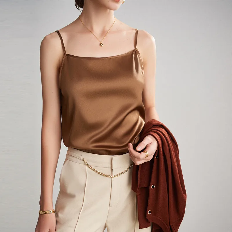 

Summer 19 Momme 93% Mulberry Silk Suspender Vest Female Real Silk Niche Satin Slim Sexy Tops Solid Color Women's Camis Clothes