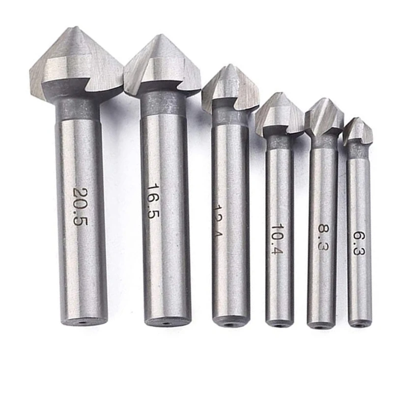 

6Pcs Round Shank 3 Flute 90 Degree HSS Chamfer Chamfering Cutter End Mill Tool Countersink Drill Bit Set