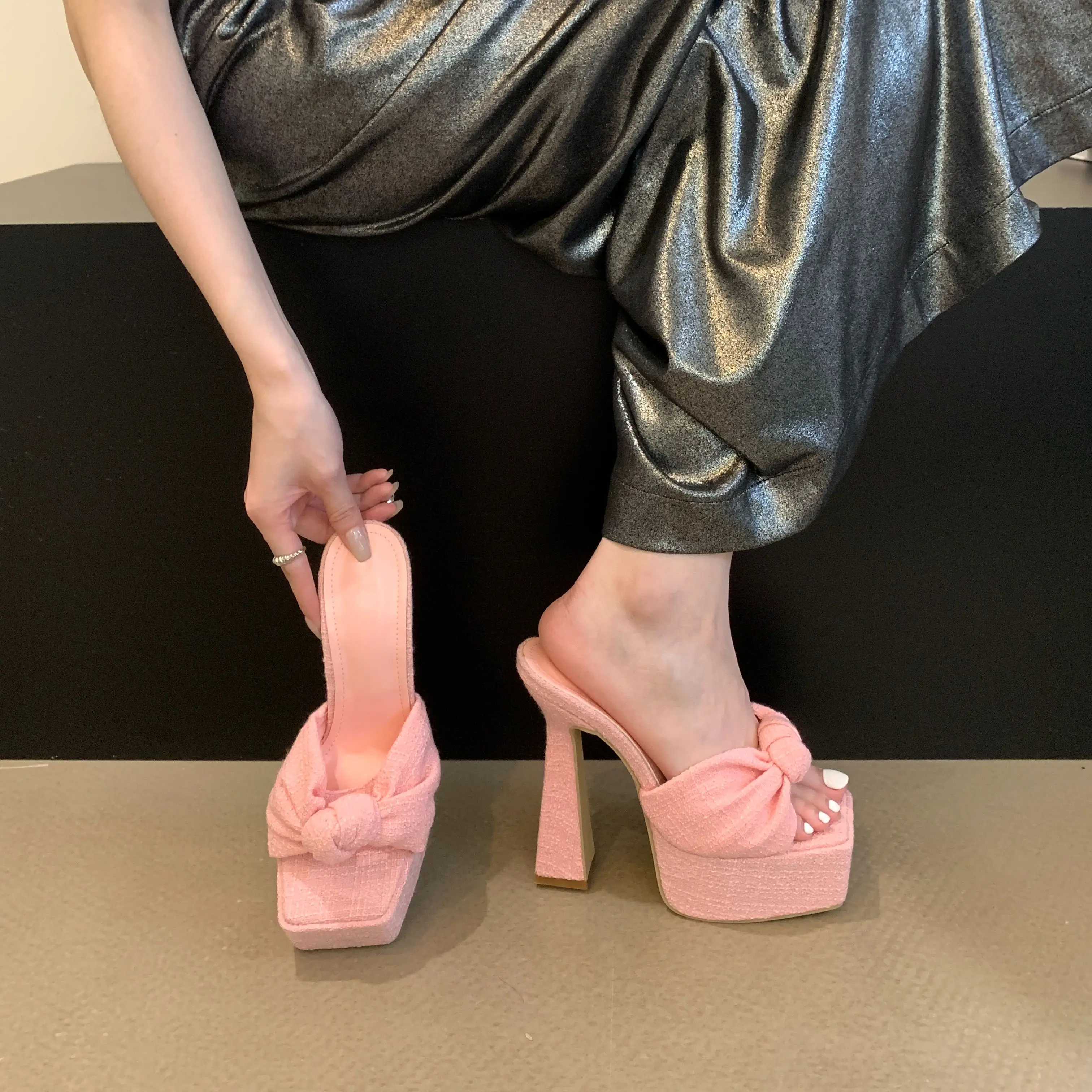 Xibeilove New Product Waterproof Platform Women's Slippers Summer New Light Luxury Retro Woven Bow High Heel Slippers