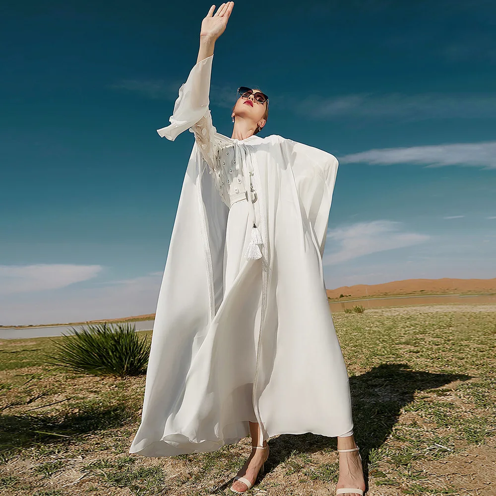 Eid Mubarak Open Abaya Kimono Dubai Turkey White Satin Kaftan Muslim Capes for Women Long Cardigan Islam Shawl Pakistani Clothes