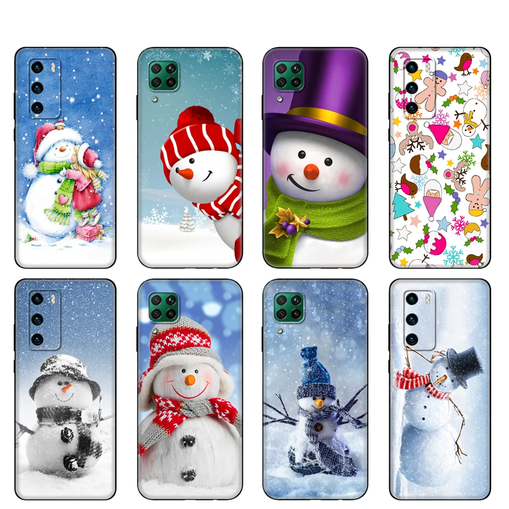

Черный чехол из ТПУ для Huawei P30 Lite P30 Pro P40, чехол для Huawei P40 LITE E P Smart 2020, чехол с рождественским снеговиком, снежинкой