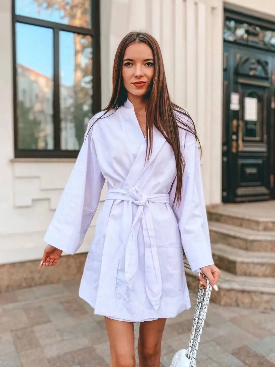 

Women's Pajama V-Neck Kimono Cardigan Robe Cotton Linen Long Sleeve Sashes Dresses Robe Style Lace Up Casual Loose Sleepwear