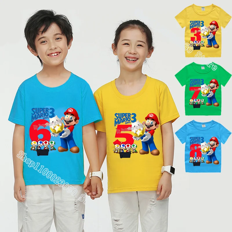 Super Mario Baby Birthday Summer T-Shirts Boy Girl Game Anime Number Cotton Tees Shirt Cartoon Short Sleeve Tops Kids Clothing |