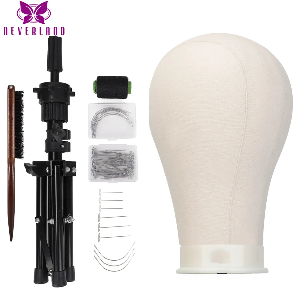 23''Training Mannequin Head Canvas Head For Wigs Making Wig Hair Brush With T Pins Needles Set With Tripod Wig Stand 22