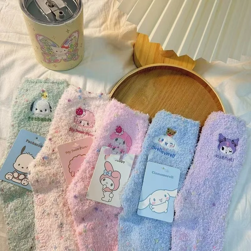 Sanrio носки из кораллового флиса для сна с героями мультфильмов Kuromi Cinnamoroll теплые - Цена: 139