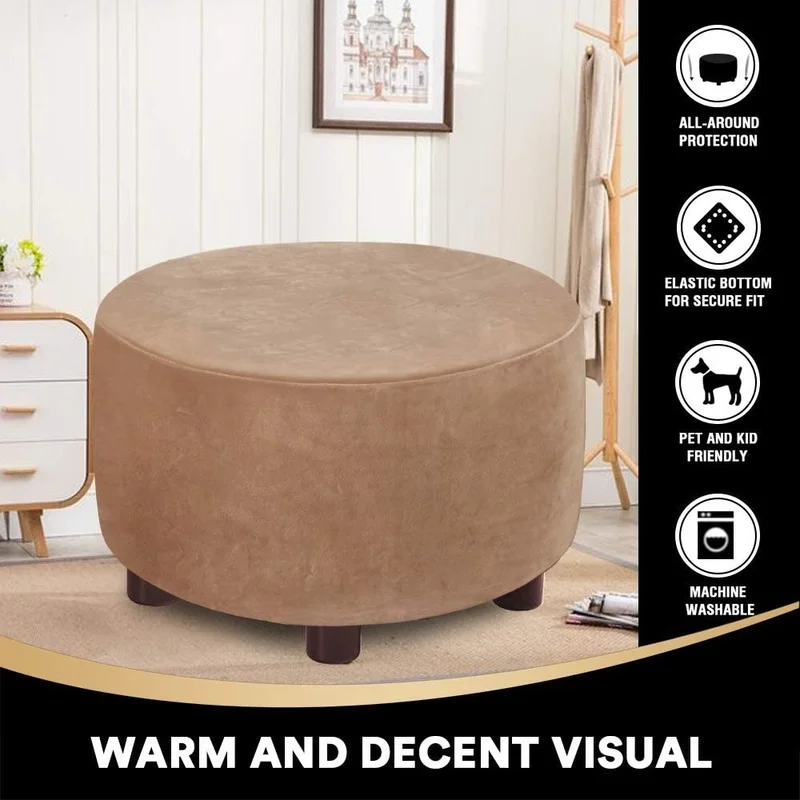 

New Velvet Round Footrest Sofa Cover Stretch Ottoman Slipcovers 3 Size Solid Color Bedroom Furniture Footstool Protect Covers