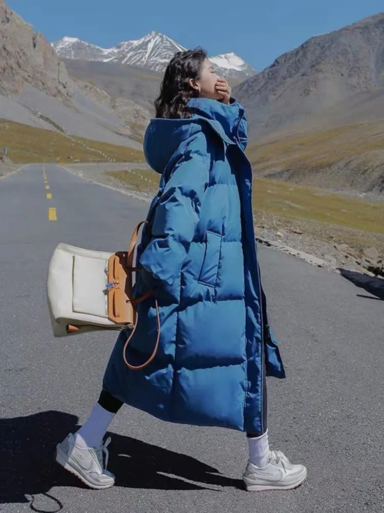2022 Winter Long Parkas Women Korean Version Solid Hooded Thicken Warm Down Jackets Female Casual Loose Windproof Coat Outwear