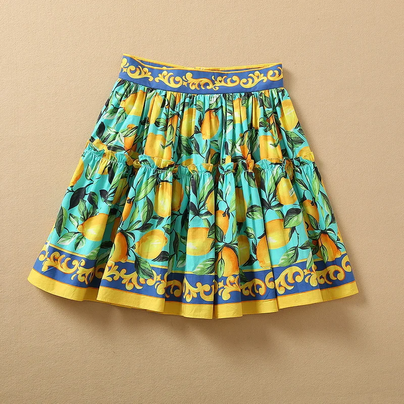 cotton skirt lemon print short skirt summer 2022 new cotton fungus edge A-line skirt women  mini skirt sexy