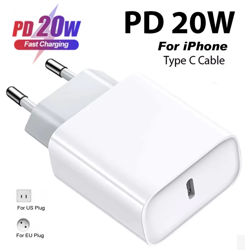 Фото Адаптер питания PD USB-C 20 Вт, быстрое зарядное устройство для iPhone 14 13 12 11 Pro Max, USB Type C, настенная быстрая зарядка X XS XR 7 8 6 Plus, кабель №1