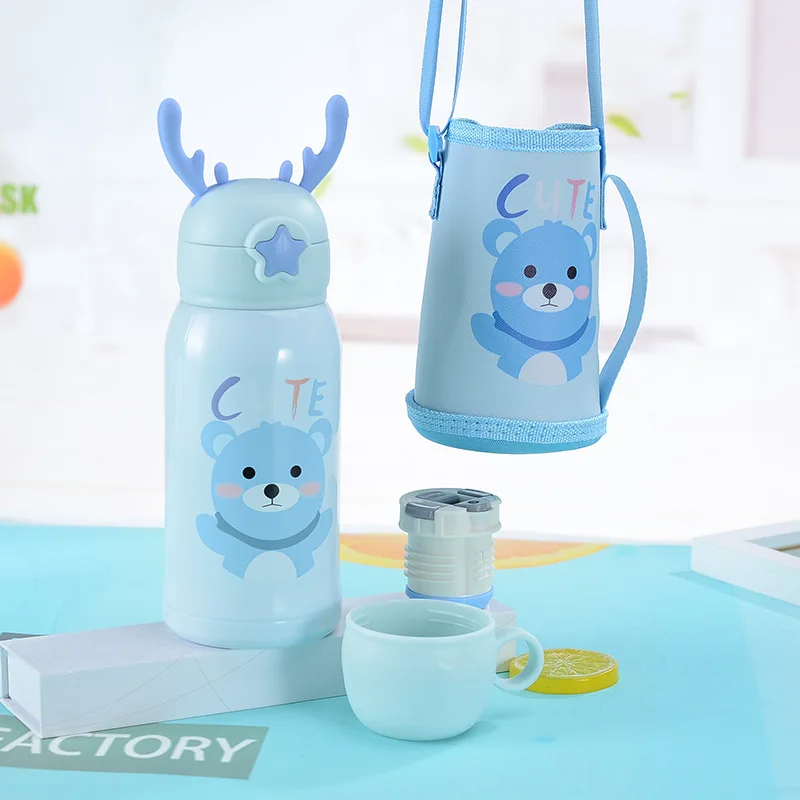 New 316 Stainless Steel Antler Cup Student Water Cup Cartoon Children's Straw Thermos Cup Gift Cup With Cup Sleeve enlarge