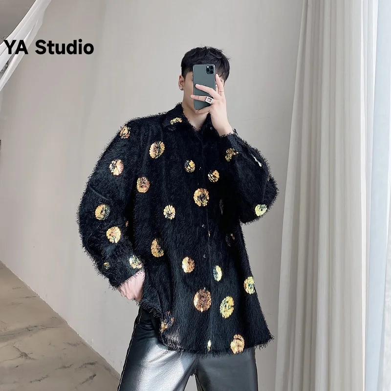 

[YA Studio] 2023 Spring New Personality Tassel Embroidery Glitter Loose Long Sleeve Light Luxury Shirt Male Tide