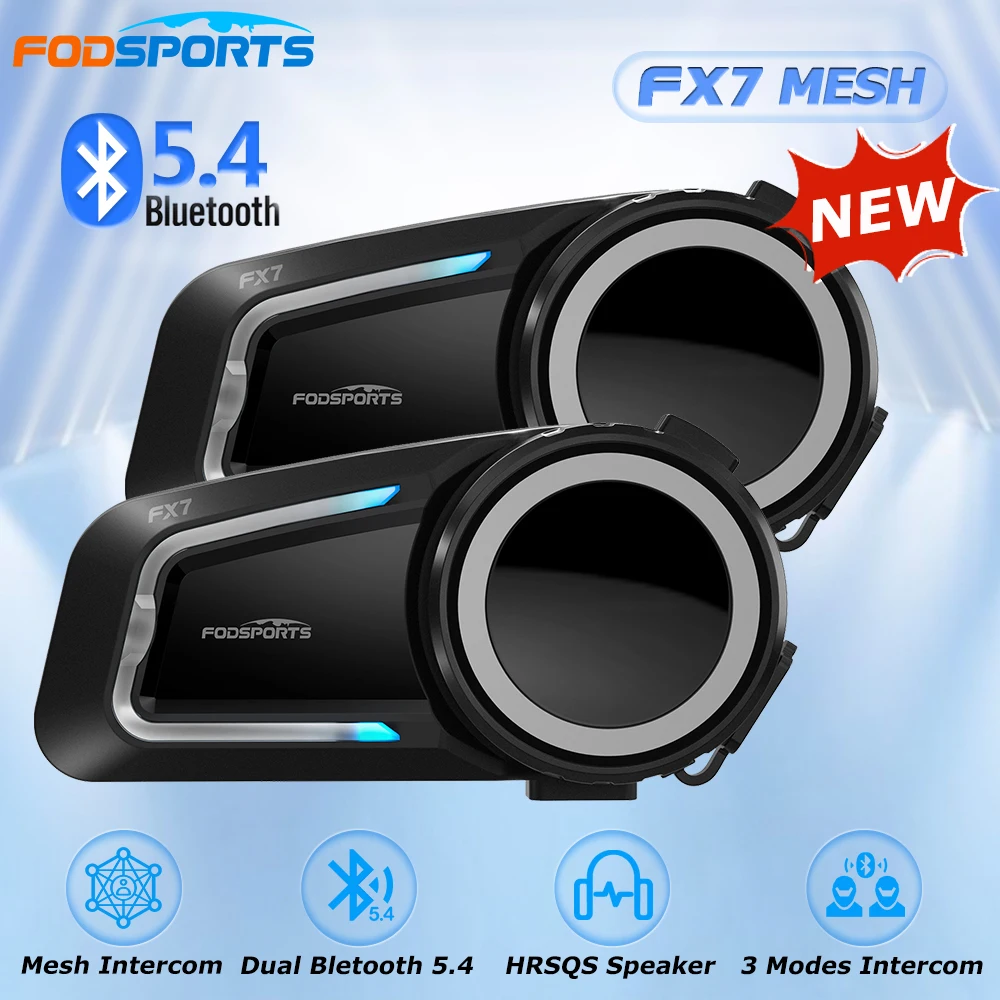 

2 шт. Fodsports Mesh Intercom FX7 гарнитура для мотоциклетного шлема Bluetooth 5,4, Moto Interphone для 10 гонщиков, 2000 м, FM-радио, музыки