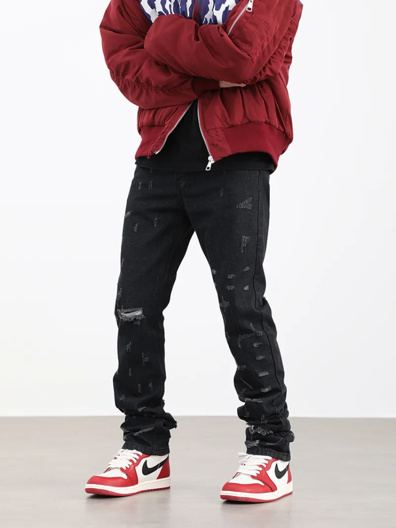 Harajuku Scratched Ripped Holes Denim Jeans Mens Zipper Jeans Hip Hop Fashion Streetwear New Casual Straight Joggers Jean Pants