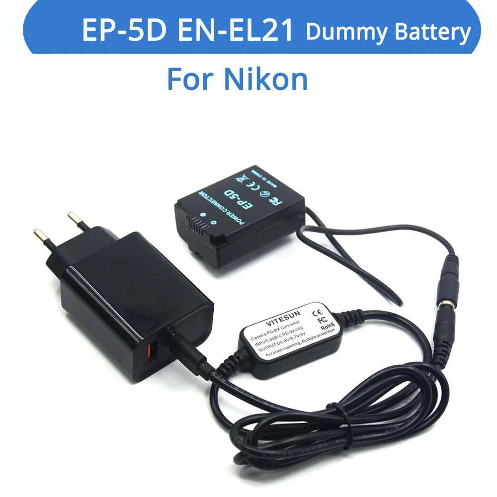 

USB Type-C Power Bank Cable PD Charger EP-5D DC Coupler Adapter ENEL21 EN-EL21 Dummy Battery For Nikon 1 V2 1V2 Cameras