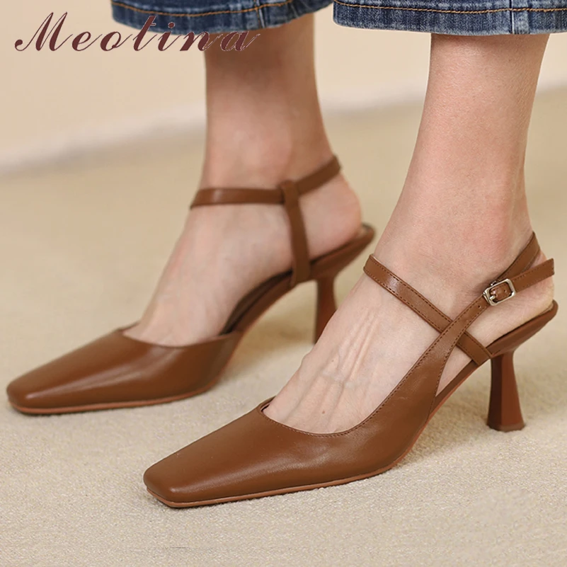 

Женские туфли-лодочки с квадратным носком Meotina, летние туфли из натуральной кожи на толстом высоком каблуке, с пряжкой, верблюжьего и абрикосового цвета, 40