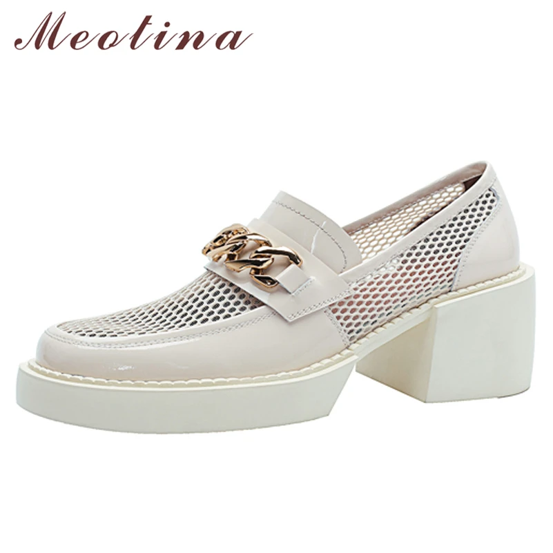Meotina Genuine Leather Women Loafers Shoes Thick Heels Pumps Mesh Mid Heel Ladies Footwear 2022 Spring Cow Leather White 40