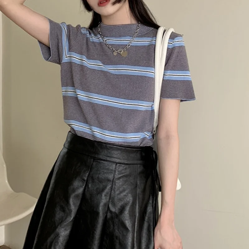 

Short Sleeve Patchwork Striped Casual Knit Tops Womens Knitting T Shirt New Summer Female O Neck Slim Thin Simple Tees T-Shirts