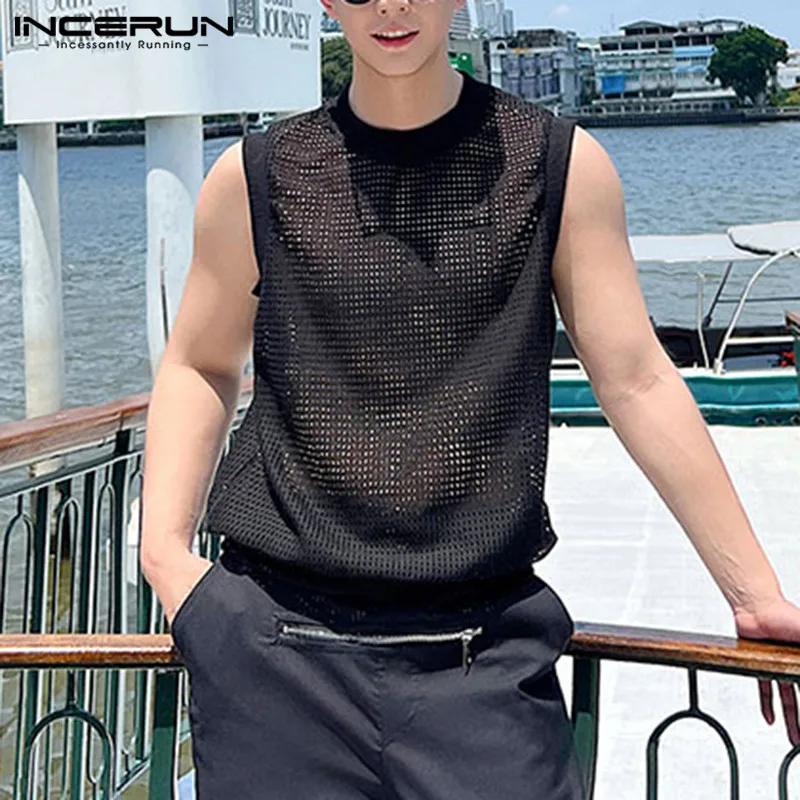

2023 Men Tank Tops Mesh Transparent Streetwear Sexy O-neck Sleeveless Patchwork Vests Summer Fashion Men Clothing S-5XL INCERUN
