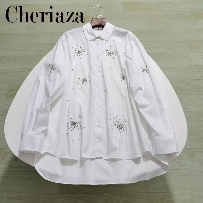 

Cheriaza 2024 Autumn Winter Women New Lapel Shiny Gemstone Decoration Shirt Solid Color Versatile Fashion Long Sleeved Outwear