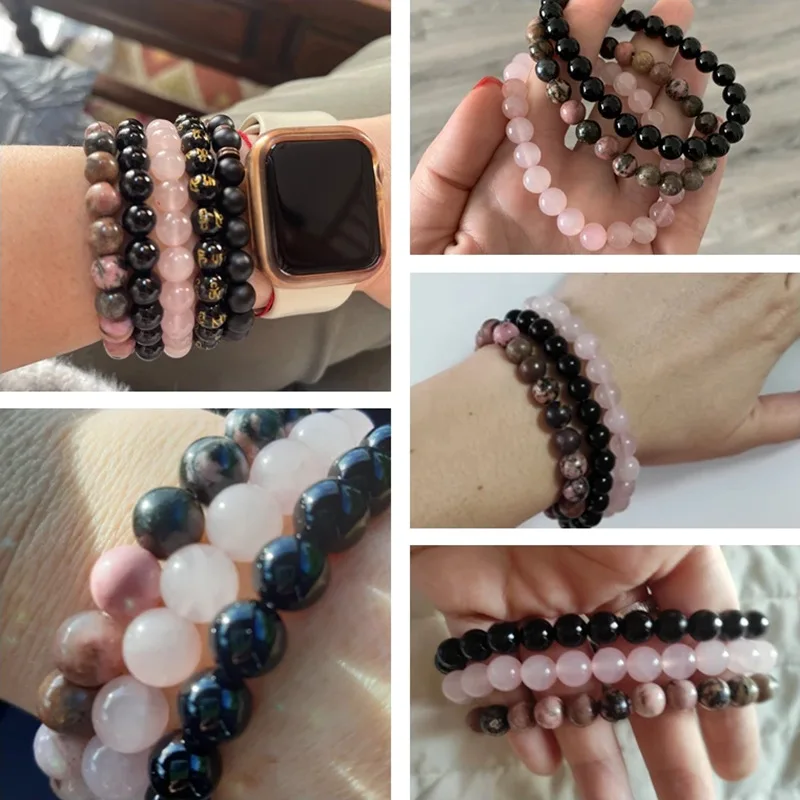 

8mm Natural Stone Bracelet Sets Men Women Rhodonite Rose Quartzs Black Onyx Beaded Bracelets Yoga Charm Bracelets Jewelry Gifts