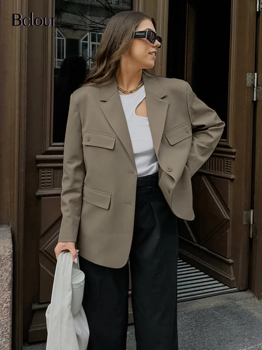 

Bclout Fashion Brown Blazers Coats Women 2023 Elegant Notched Collar Office Lady Jackets Autumn Solid Pockets Party Coats Female