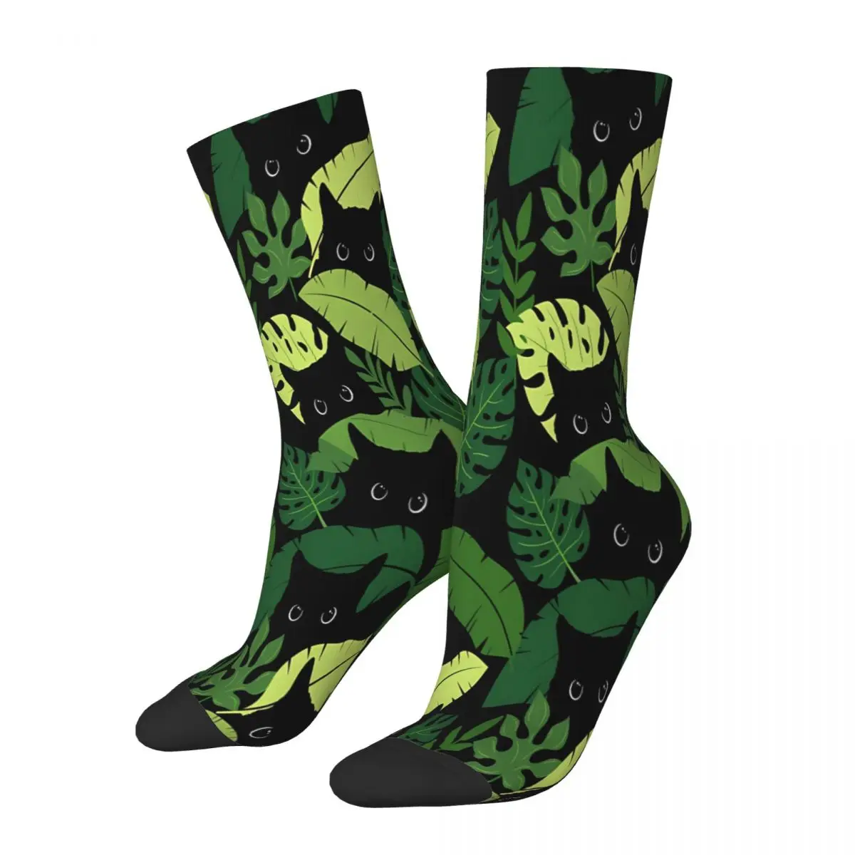 Black Cats Peeking From Tropical Leaves Floral Socks Male Mens Women Winter Stockings Polyester
