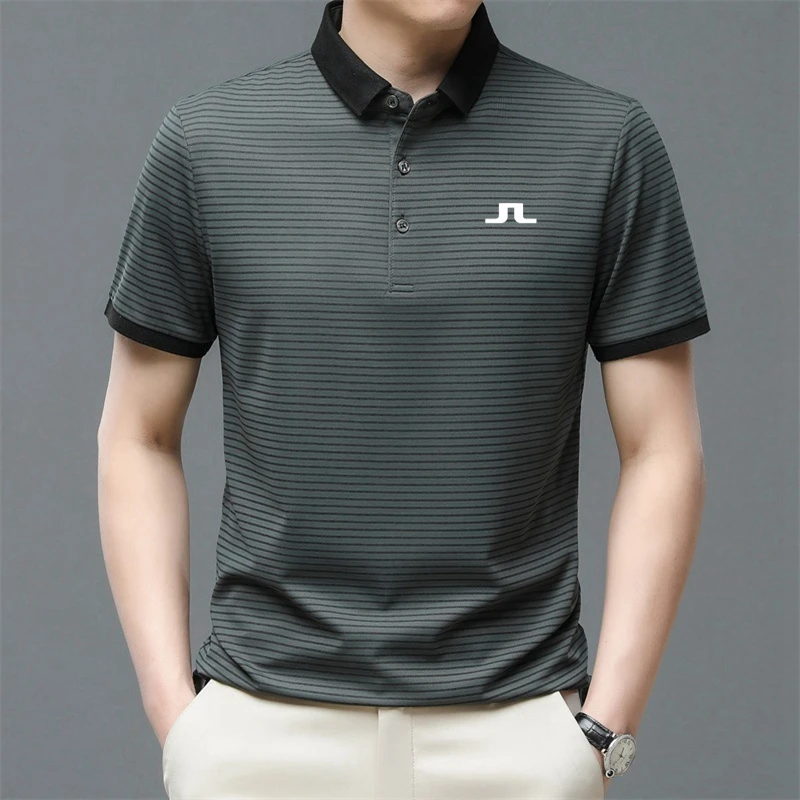 

Рубашка-поло мужская высокоэластичная, шелковая, в темную полоску, с отложным воротником, для гольфа, Повседневная приталенная, с короткими рукавами, в британском стиле