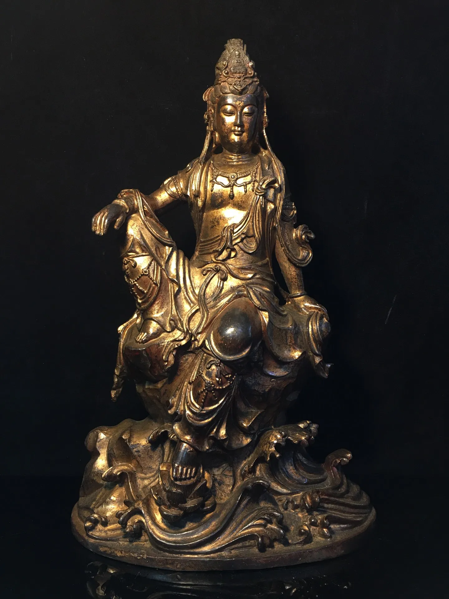 

18"Tibetan Temple Collection Old Bronze Cinnabar Free Guanyin Bodhisattva Sitting Buddha Worship Hall Town House Exorcism