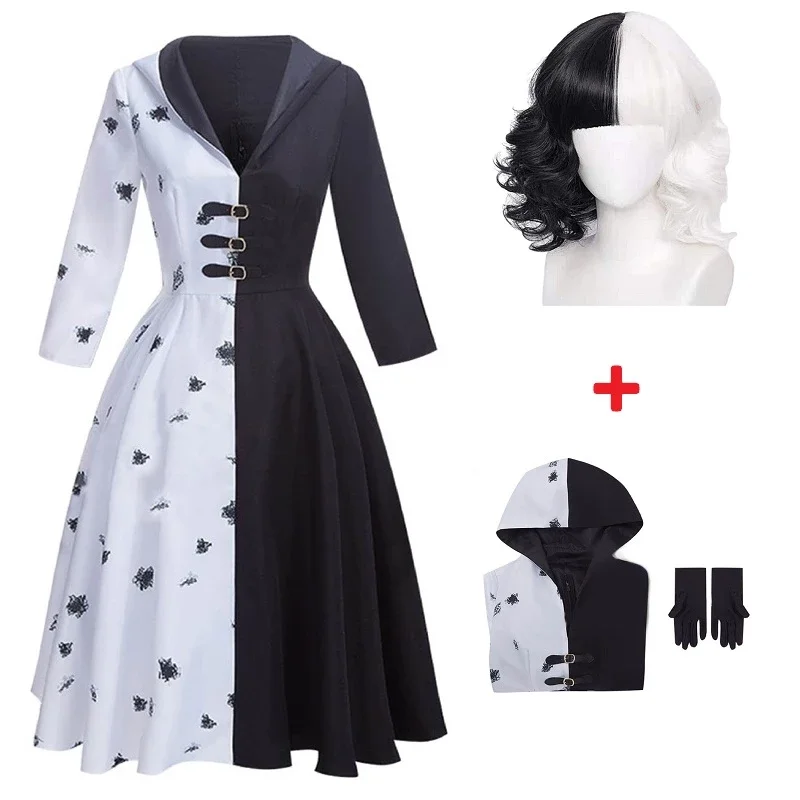 

Женский костюм горничной Cruella De Vil, черно-белое платье с перчатками, Искусственные парики, наряды на Хэллоуин