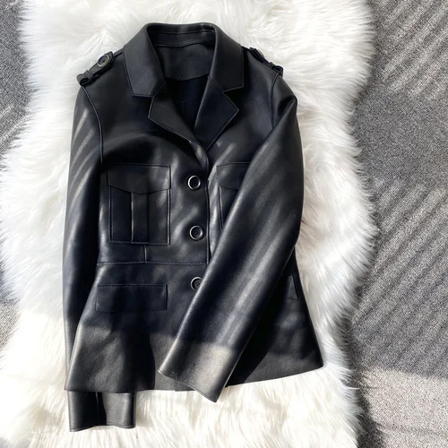 

22 Genuine Leather Jacket Women Spring New Women's Elegant Sheepskin Tooling Outfits Women's Slim Suit Leather Jacket